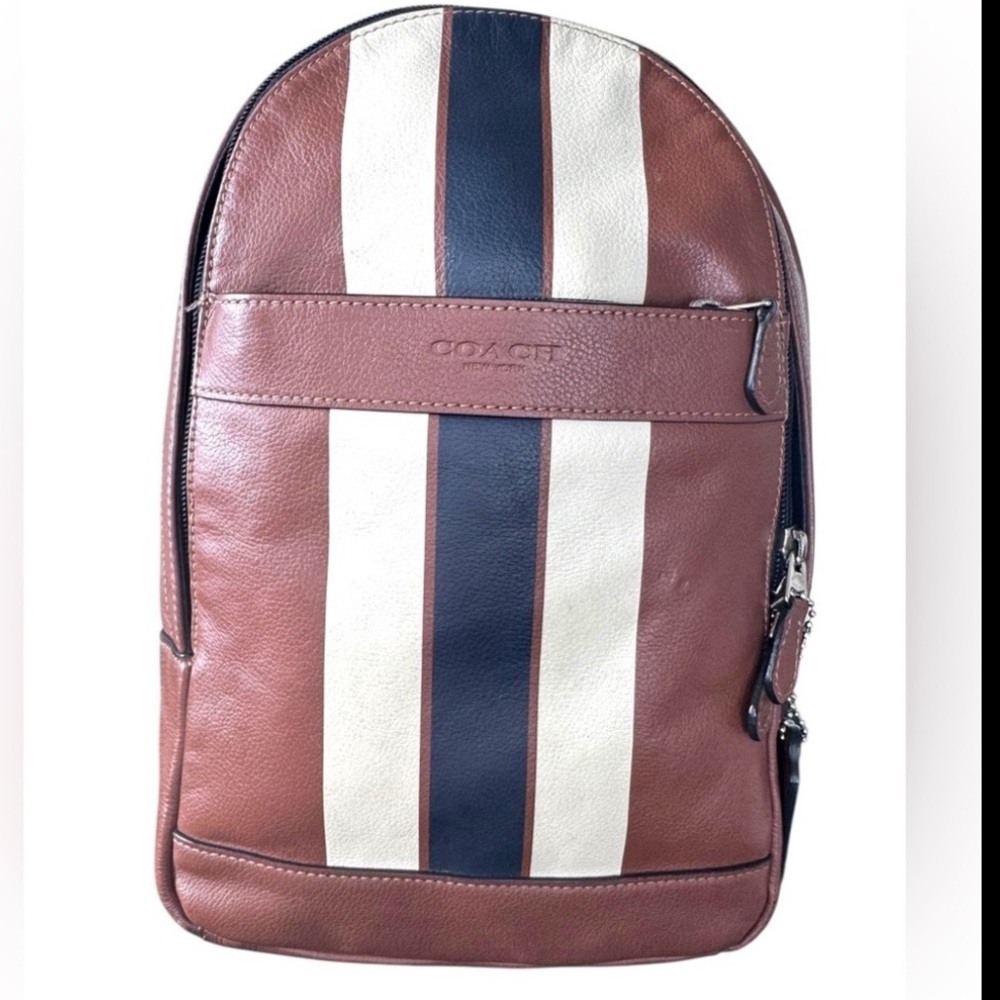 Coach Brown Navy White Leather Stripe Backpack